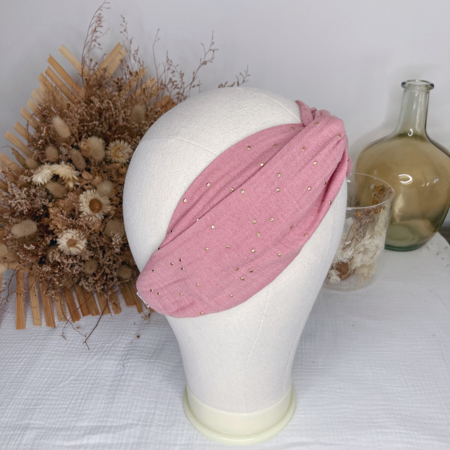 Headband twist adulte - Rose thé à pois dorés - La Petite Framboise
