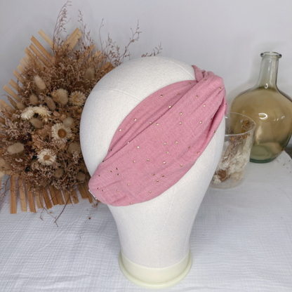 Headband twist adulte - Rose thé à pois dorés - La Petite Framboise