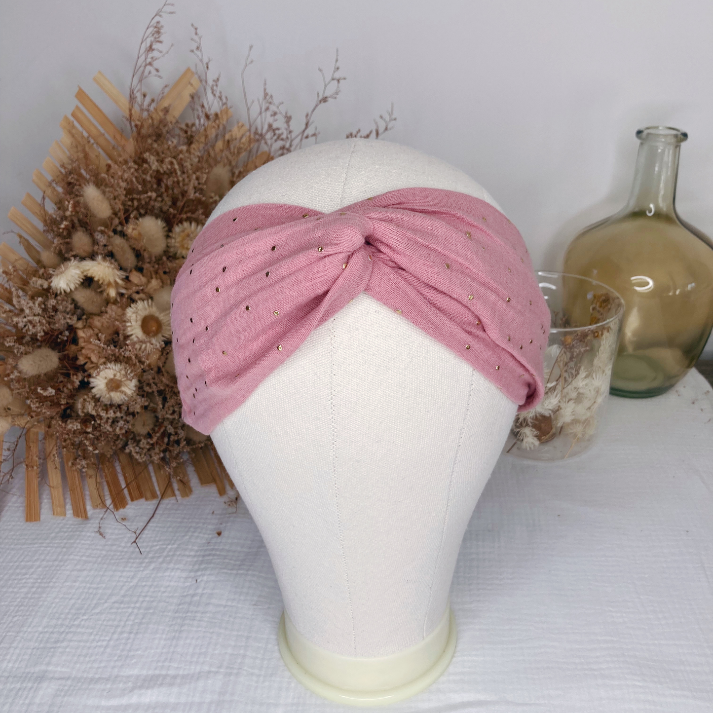 Headband twist adulte - Rose thé à pois dorés - La Petite Framboise