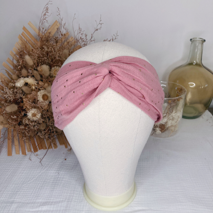 Headband twist adulte - Rose thé à pois dorés - La Petite Framboise