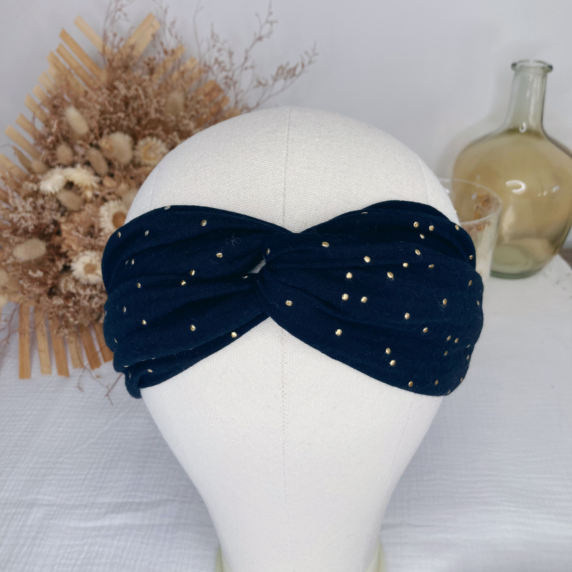 Headband twist adulte - Noir à pois dorés - La Petite Framboise