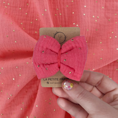Barrette Nœud - Corail à pois dorés