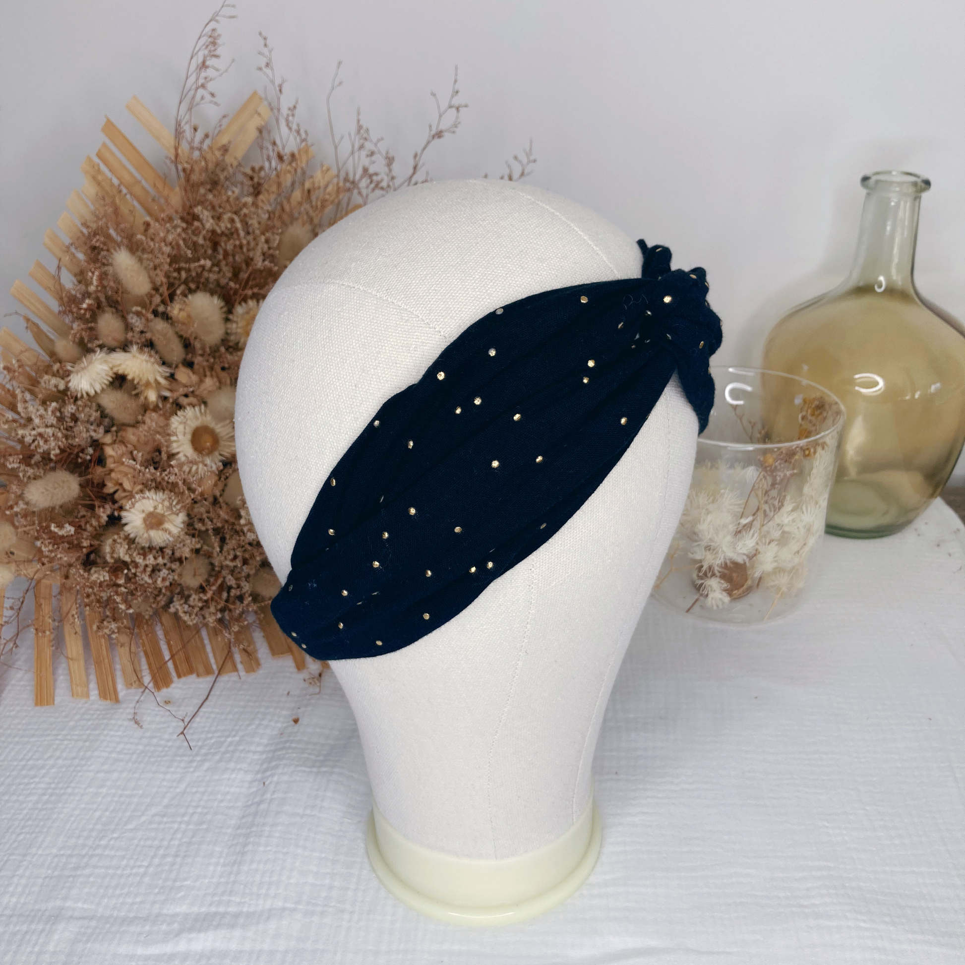 Headband twist adulte - Noir à pois dorés - La Petite Framboise