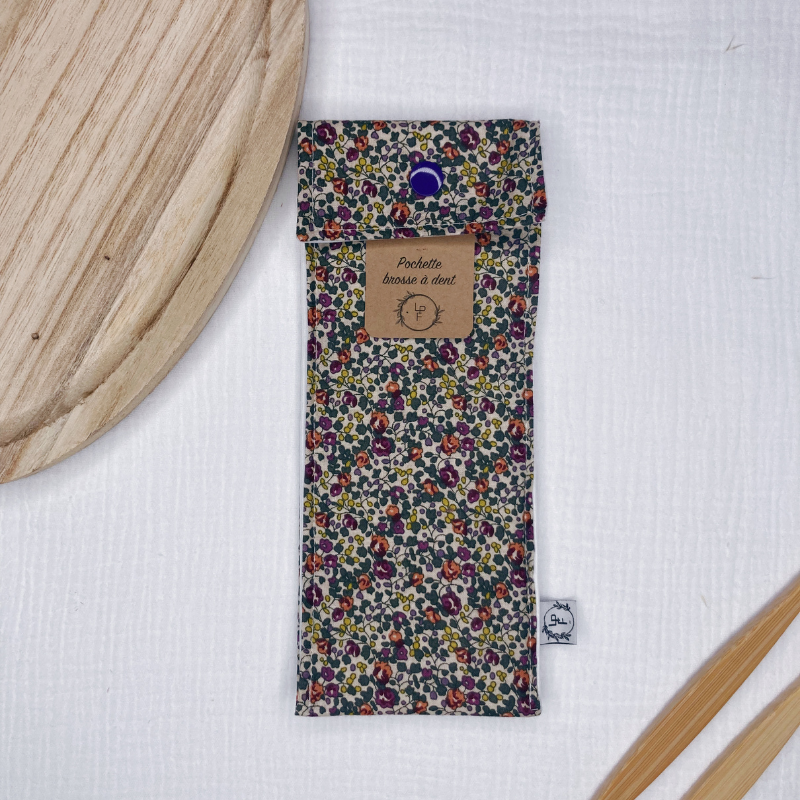 Pochette à Brosse à Dents Imperméable - Beige fleuri vert/violet - La Petite Framboise