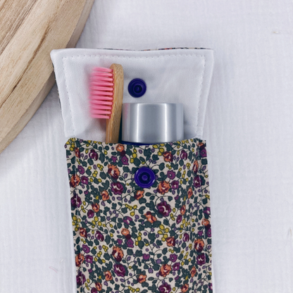 Pochette à Brosse à Dents Imperméable - Beige fleuri vert/violet - La Petite Framboise