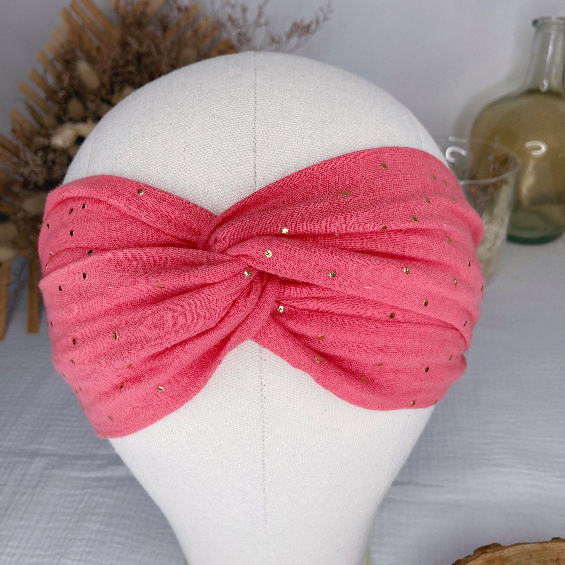 Headband twist adulte - Corail à pois dorés - La Petite Framboise