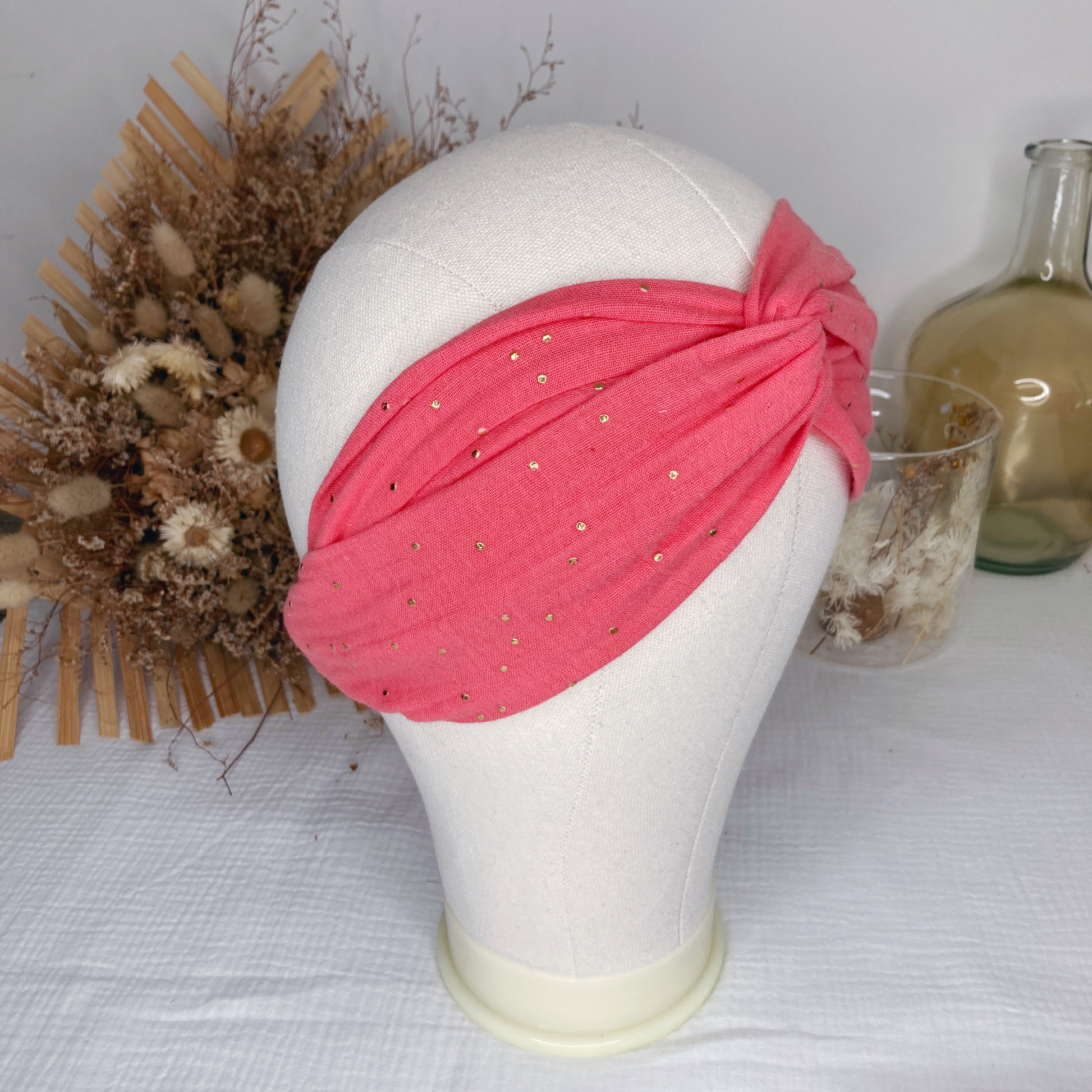 Headband twist adulte - Corail à pois dorés - La Petite Framboise