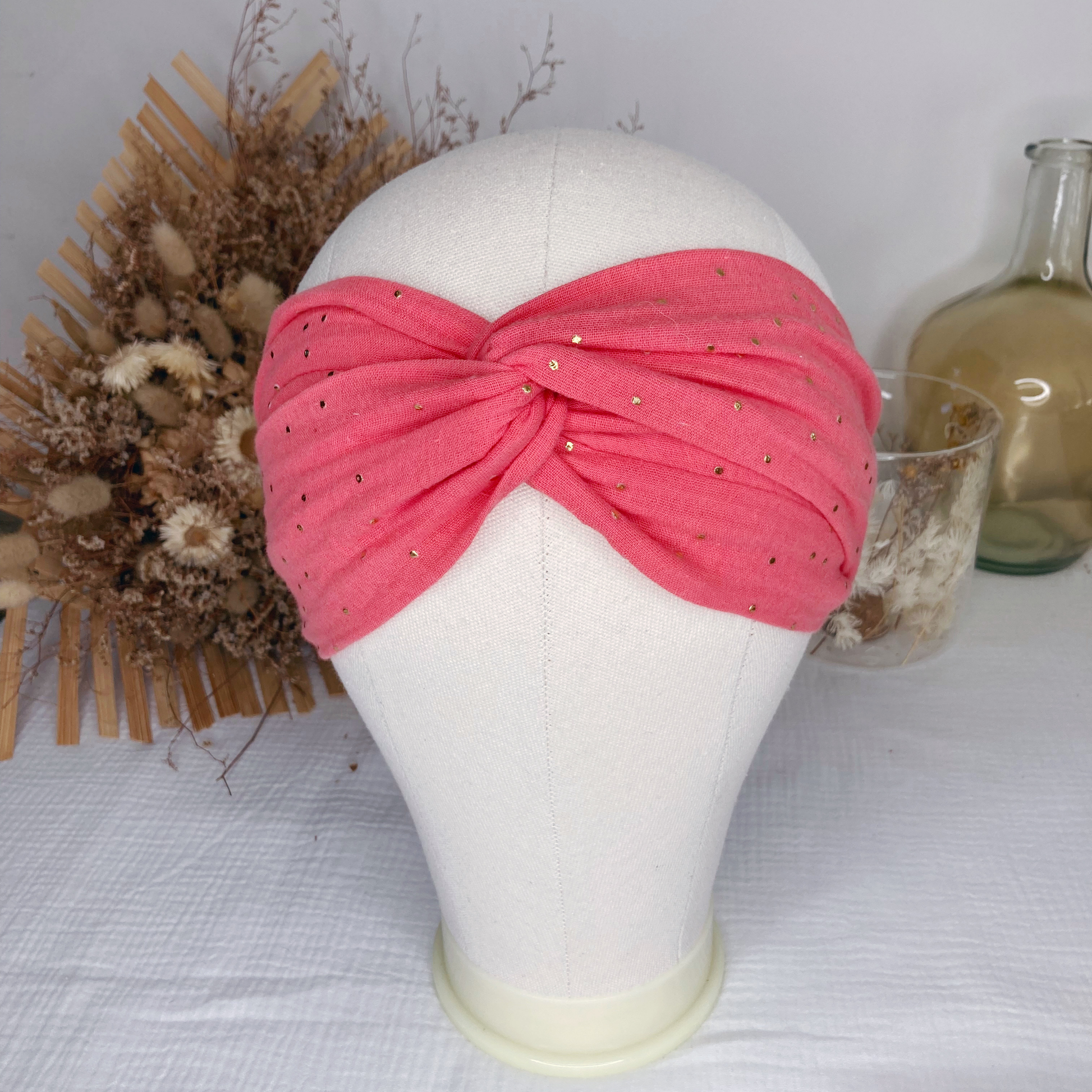 Headband twist adulte - Corail à pois dorés - La Petite Framboise