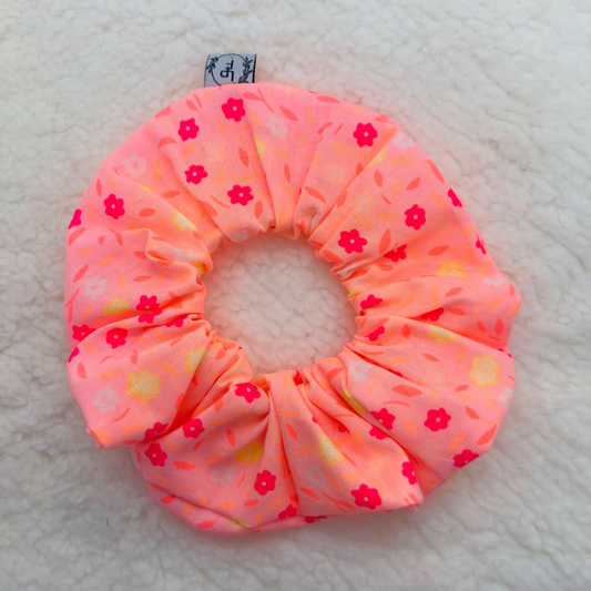 Chouchou Tissu - Corail fluo à fleurs