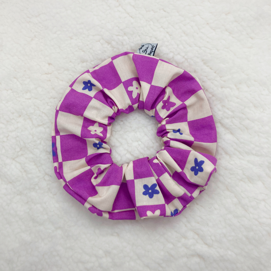 Chouchou Tissu - Carreaux violet / Marguerites