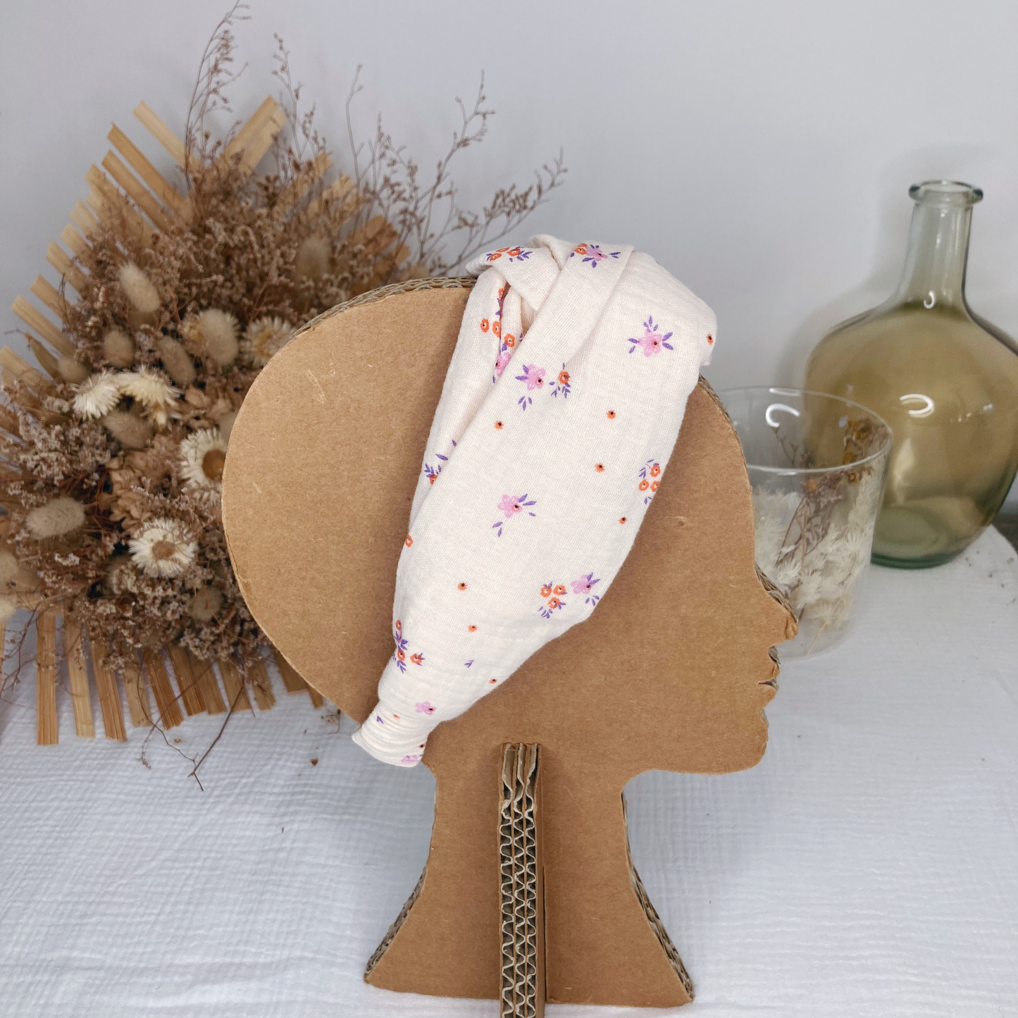 Headband twist enfant - Beige à fleur violet/rose