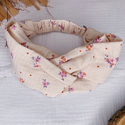 Headband twist enfant - Beige à fleur violet/rose