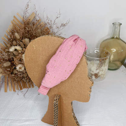 Headband twist enfant - Rose thé à pois dorés
