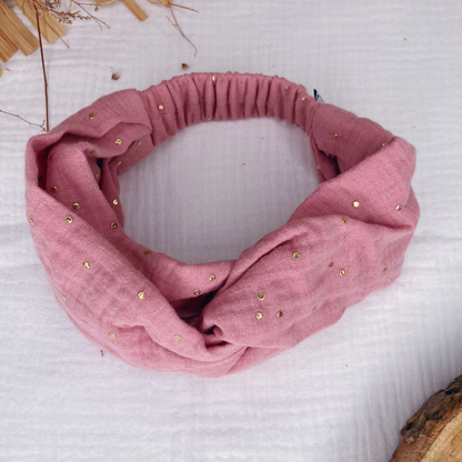 Headband twist enfant - Rose thé à pois dorés