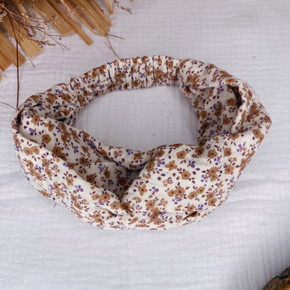 Headband twist enfant - Beige à fleurs camel
