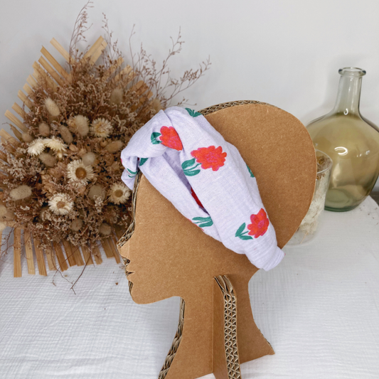Headband twist enfant - Violet à fleurs rouges - La Petite Framboise