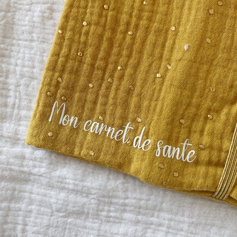 Protège carnet de santé - Gaze de coton Moutarde à pois doré - La Petite Framboise